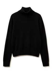 Schwarzer Langarm-Turtleneck-Pullover mit eng anliegenden Bündchen und Saum, auf einem weißen Hintergrund präsentiert.