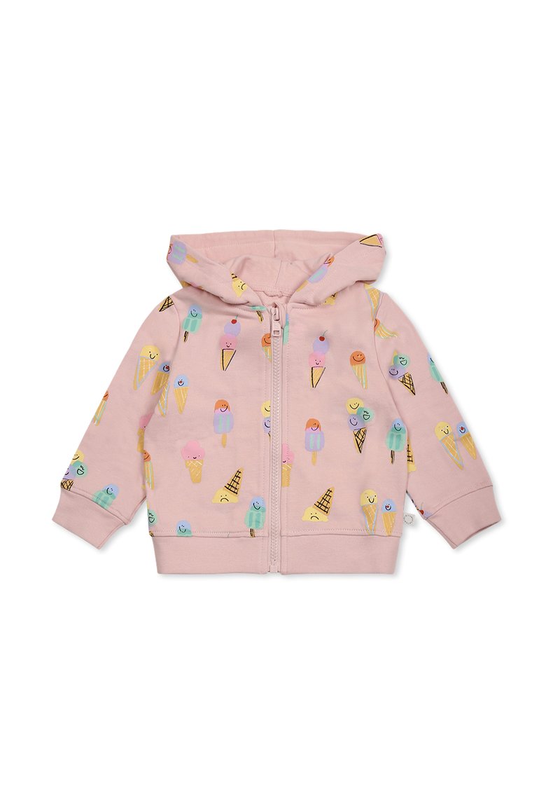 Felpa con zip rosa chiaro con motivi colorati di coni gelato, dal tessuto morbido, maniche lunghe e cappuccio.