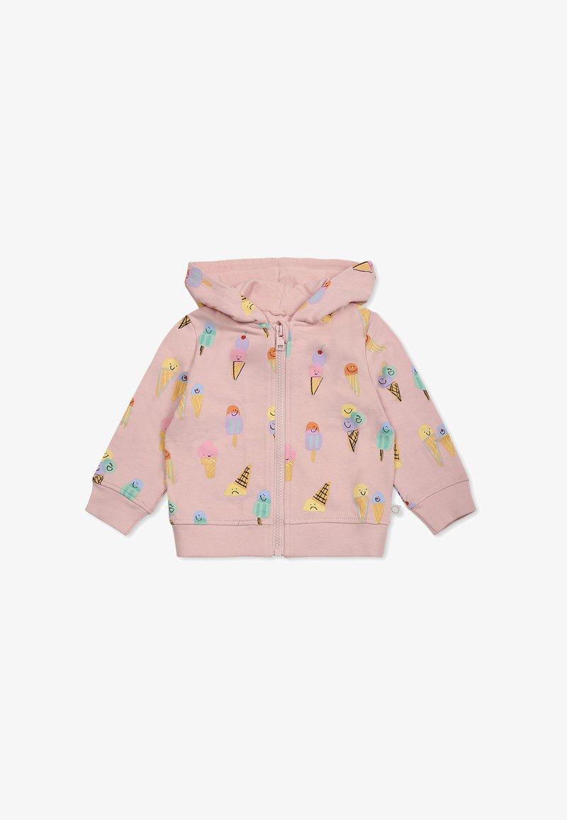Felpa con zip rosa chiaro con motivi colorati di coni gelato, dal tessuto morbido, maniche lunghe e cappuccio.