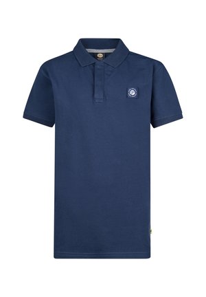 Navy blue short-sleeve polo shirt with a collar and a small square logo patch on the left chest.