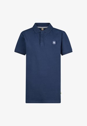 Navy blue short-sleeve polo shirt with a collar and a small square logo patch on the left chest.
