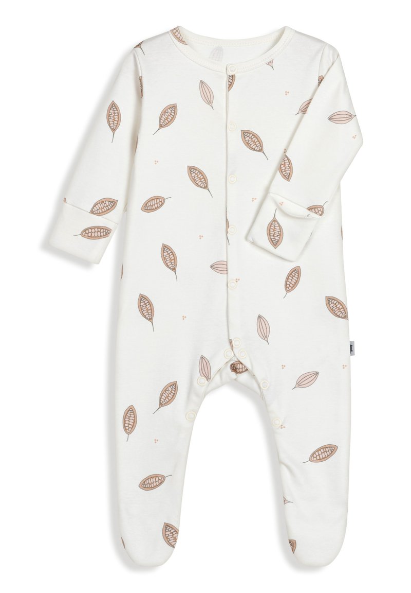 Langærmet, cremefarvet babybody med brune bladmønstre, der har trykknapper langs forsiden og en blød, bomulds texture.