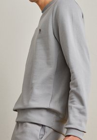 Sudadera gris de algodón con cuello redondo, puños y dobladillo acanalados. Presenta un pequeño logo bordado en el pecho.