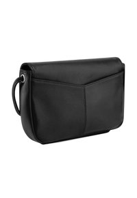 Clutch bag nera in pelle con una texture liscia, caratterizzata da un dettaglio di cucitura geometrica e una maniglia laterale per un facile trasporto.