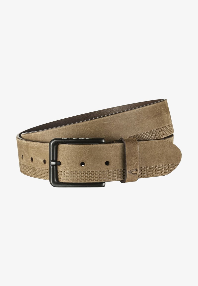 Tan suede belt with a smooth finish, featuring a black metal buckle and raised textured accents along the edges. Multiple sizing holes present.