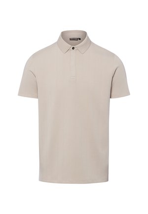 Beige Polohemd mit kurzen Ärmeln, einem gerippten Kragen und einem schwarzen Knopf am Halsausschnitt, dargestellt auf weißem Hintergrund.