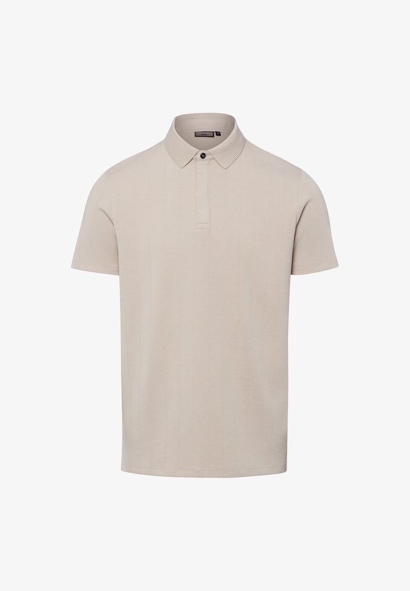 Polo beige à manches courtes avec col côtelé et un bouton noir unique au niveau de l'encolure, présenté sur fond blanc.