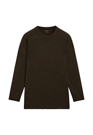 Dark brown knitted sweater with a round neckline, long sleeves, and a relaxed fit. Soft texture and minimalistic design. No visible patterns.