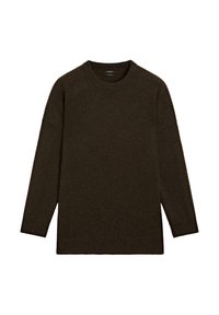 Dunkelbrauner Strickpullover mit rundem Ausschnitt, langen Ärmeln und lässiger Passform. weiche Textur und minimalistisches Design. Keine sichtbaren Muster.