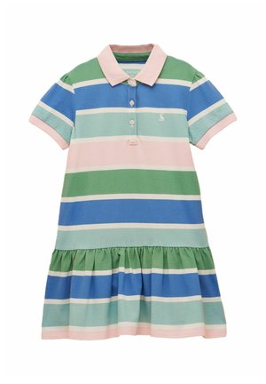 Polojurk met korte mouwen met brede horizontale strepen in groen, blauw, roze en wit, met kraag, knopen en geplooide rok.