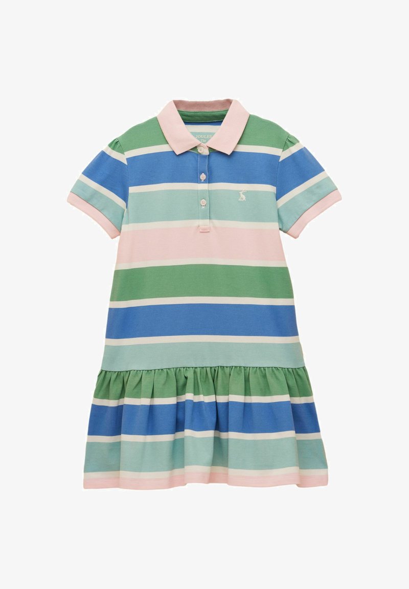 Robe polo à manches courtes avec de larges rayures horizontales en vert, bleu, rose et blanc, dotée d'un col, de boutons et d'une jupe froncée.