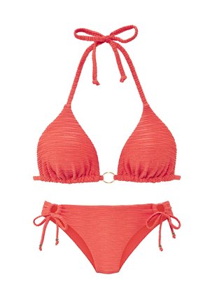 Red textured bikini set with halter neck tie top featuring a small ring detail and matching side-tie bottoms with bead embellishments.