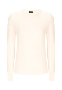 Maglione lungo color crema con maniche a sbuffo realizzato in un tessuto morbido, dotato di un colletto rotondo, polsini a costine e una superficie liscia senza motivi visibili.