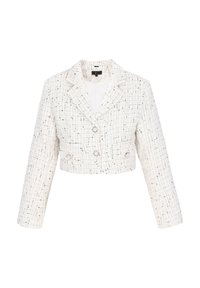 Fehér, cropped fazonú dzseki, amely textúrázott tweedből készült. Különlegessége a notch gallér, a két első zseb és a két gombos zárás fémből készült díszítésekkel.