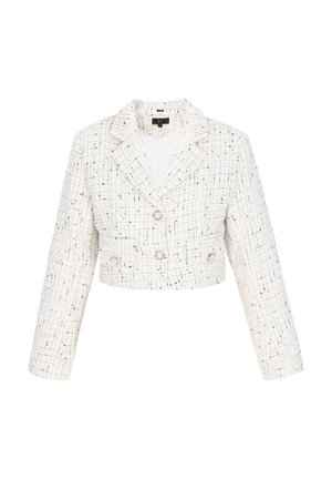 White cropped jacket made of textured tweed. Features a notch collar, two front pockets, and two button closures with metallic accents.