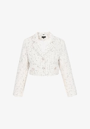 Hvid cropped jakke lavet af tekstureret tweed. Har en stikkrave, to frontlommer og to knaplukninger med metalliske detaljer.