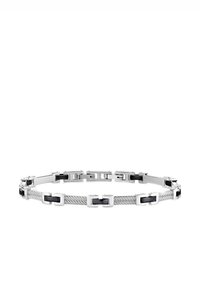 Bracciale in argento con maglie rettangolari, dettagli neri, texture intrecciata al centro e finitura lucida.