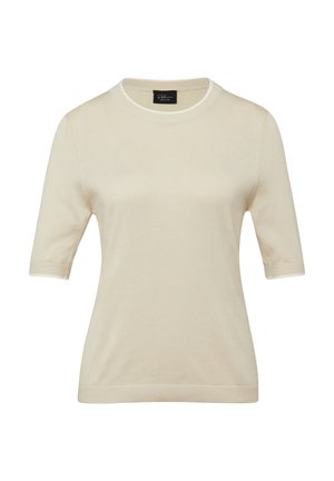 Beige kurzärmliges Stricktop mit rundem Ausschnitt, mit Rippbündchen an Ärmeln und Saum, innen am Kragen mit dem Label "s.Oliver Black Label".
