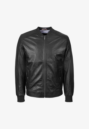 Schwarze Leder-Bomberjacke mit Frontreißverschluss, gerippten Bündchen und Kragen sowie zwei seitlichen, mit Knöpfen verschließbaren Taschen, dargestellt vor weißem Hintergrund.