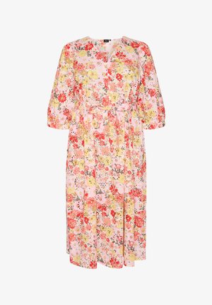 Zizzi, GEBLÜMTES MIDIKLEID MIT LOCHSTICKEREI UND BINDEGÜRTEL - Freizeitkleid - rot