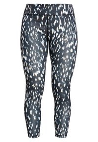 Leggings de cintura alta en una tela negra decorada con un patrón moteado texturizado y multicolor, con una banda elástica en la cintura.