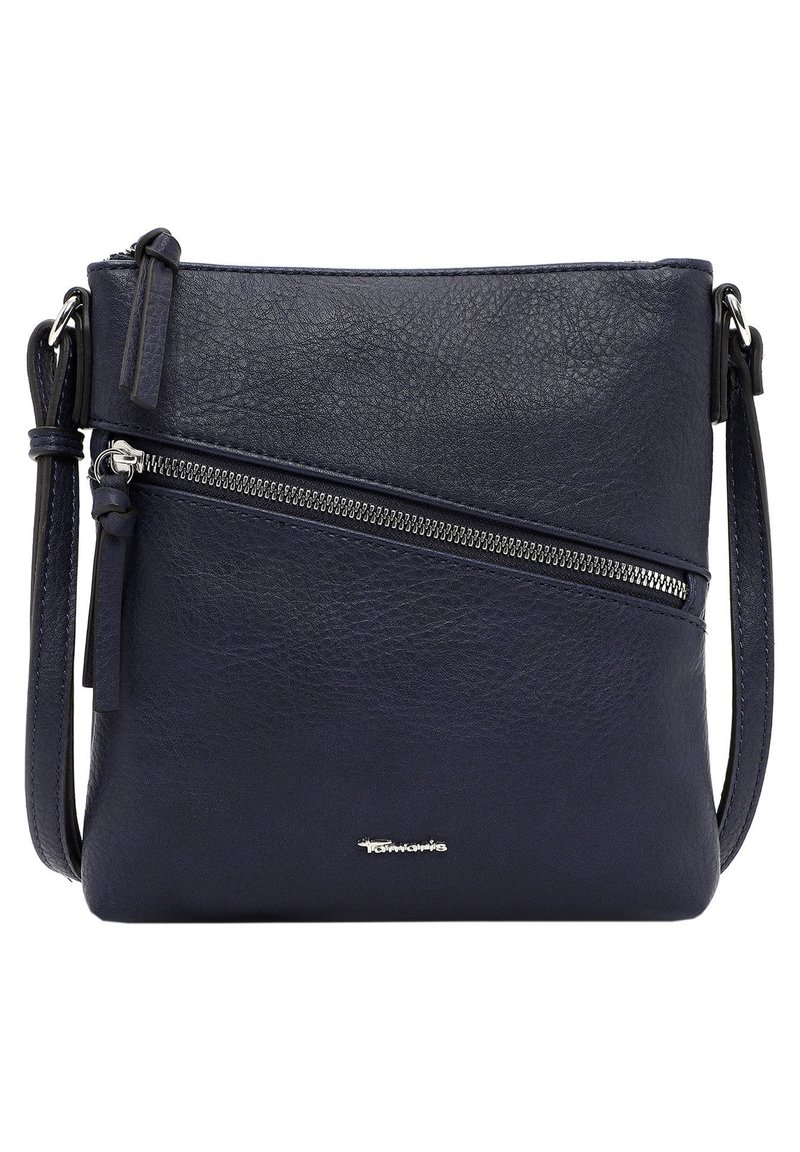 Navy Leder Umhängetasche mit strukturiertem Finish, Reißverschlusstasche und verstellbarem Tragegurt. Merkmale eine minimale Markenpräsentation in silberner Akzentfarbe.