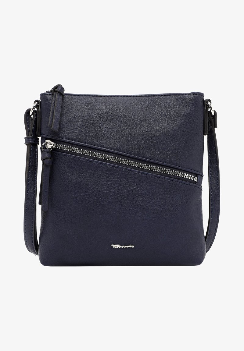 Navy leather crossbody bag with a textured finish, zipper pocket, and adjustable strap. Features minimal branding in silver accent.