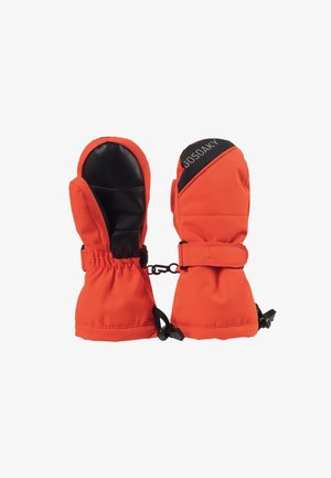 Muffole arancioni realizzate in materiale impermeabile con palmi in pelle nera. Presentano un polso arricciato e cinturini regolabili per una vestibilità sicura.