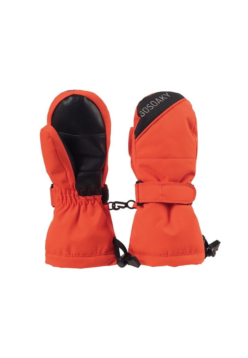 Muffole arancioni realizzate in materiale impermeabile con palmi in pelle nera. Presentano un polso arricciato e cinturini regolabili per una vestibilità sicura.