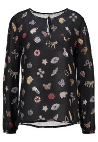 Schwarze Bluse mit einer Vielzahl von bunten, gestickten Mustern, darunter Tiere, Blumen und Formen, mit langen Ärmeln und einem gebundenen Ausschnitt.