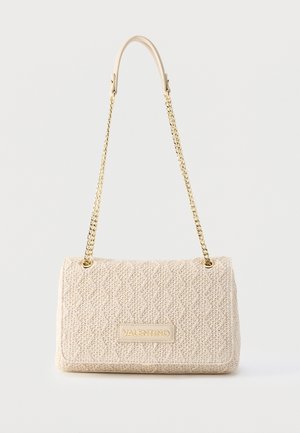 Beige quilted Valentino handbag with gold chain strap and rectangular logo plaque on front, displayed against a plain white background.