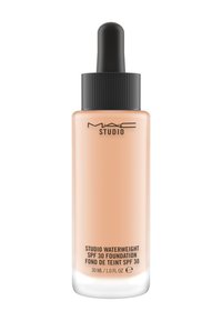 MAC Studio Waterweight SPF 30 Foundation in a glass dropper bottle. Peach-beige liquid, black dropper, white label with product details.