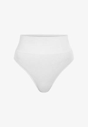 Valkoiset korkean vyötärön stringit, jotka on valmistettu sileästä kankaasta. Ominaisuudet saumaton muotoilu, pehmeä ja joustava vyötärö sekä minimaalinen ompelu mukavuutta varten.