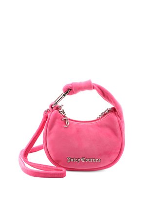 Piccola borsa rosa Juicy Couture con texture morbida, cerniera e logo argentati, manico corto e tracolla lunga.