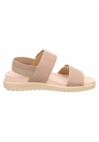 Beige sandály s širokými popruhy vyrobenými z hladkého syntetického materiálu, měkkou stélkou a texturovanou gumovou podrážkou s vlnitým vzorem.