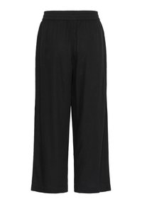 Pantalons noirs à jambes larges avec une taille élastique, présentant une texture lisse et une coupe décontractée. Pas de poches ni de motifs supplémentaires visibles.