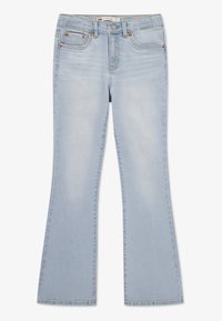 Ανοιχτό μπλε τζιν καμπάνα από denim με ξεθαμπωμένο φινίρισμα. Διαθέτει κλασικό σχέδιο με πέντε τσέπες και διακοσμητικά σε μπρούτζινο τόνο.