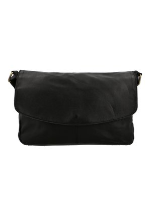 Black leather shoulder bag with a flap closure, featuring a smooth texture and minimalist design. Includes an adjustable strap.