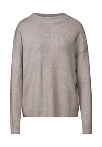 Hellgrauer Pullover mit geripptem Muster, Rundhalsausschnitt und überschnittenen Schultern. Mit einer Fronttasche und langen Ärmeln.