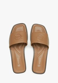 Bruine rubberen slide-sandalen hebben een brede, gladde band met een reliëflogo en een gestructureerd zoolontwerp. Rechthoekige vorm met platte zolen.