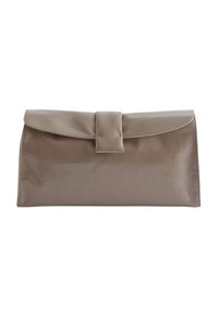 Beige Leder-Clutch mit flachem Design, sich verjüngenden Enden und einem zentralen Tab-Verschluss. Glatte Textur mit glanzvoller Oberfläche.