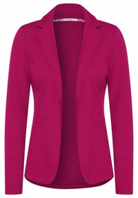 Fuchsiový blazer s klopovým límcem, jedním knoflíkovým zapínáním a dvěma předními kapsami. Vyrobeno z hladkého, elastického materiálu.