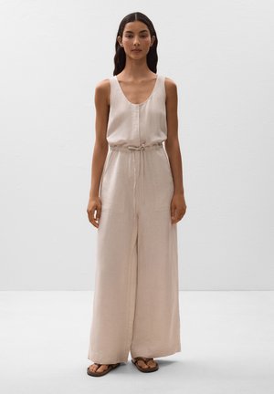 Helle beige Leinen-Overall mit V-Ausschnitt, Kordelzug in der Taille und weitem Bein. Verfügt über zwei Fronttaschen und ein minimalistisches Design.