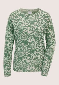 Langärmliger Rundhalsausschnitt-Pullover mit grünem und weißem floralen Wirbelmuster, gestricktem Stoff sowie gerippten Bündchen und Saum.