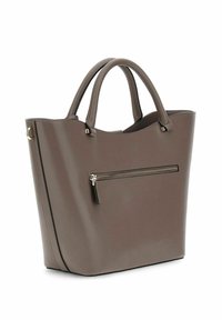 Sac fourre-tout en synthétique marron avec doubles poignées, poche zippée à l'avant et texture lisse. Design effilé avec une forme structurée.