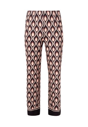 Rechtafstaande broek met een abstract golvend patroon in roze, zwart en beige, met een zwarte zoom voorzien van roze strepen aan de onderkant.