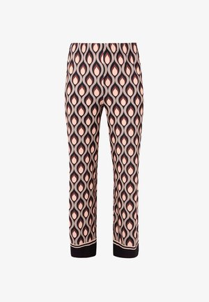Straight-leg pants with an abstract wavy pattern in pink, black, and beige, featuring a black cuff with pink stripes at the hem.