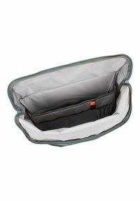 Borsa per laptop con un esterno blu morbido, interno grigio, molteplici scomparti, sezioni imbottite e tasche organizzative per accessori.