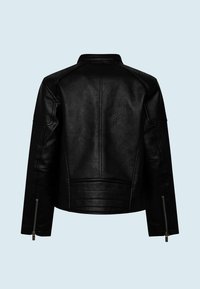 Black leather jacket with a cropped design, featuring long sleeves, zipped cuffs, and quilted shoulder details.