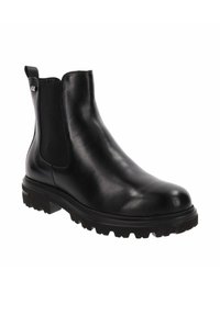 Stivale Chelsea in pelle nera con pannelli laterali elasticizzati, punta rotonda e suola in gomma robusta con battistrada profondo per una buona aderenza.